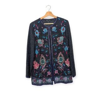NWT Indigo Moon Black Turquoise Beaded Sequin Blouse Jacket Size S